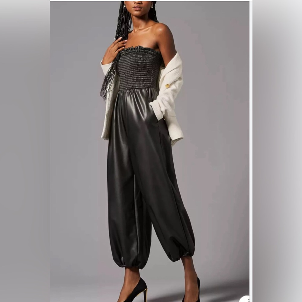 By Anthropologie Faux Leather Balloon Jumpsuit size Large EUC black womens - Picture 1 of 9